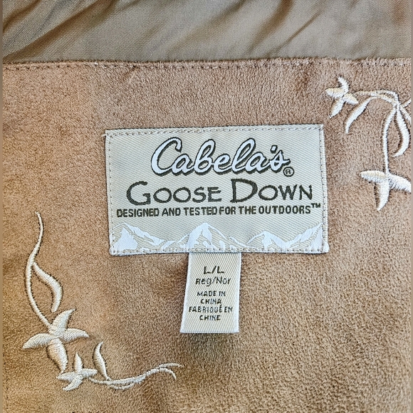 Cabela's Goose Down Faux Suede Long Coat Tan Size Large w/Removable Hood & Fur - Picture 4 of 8